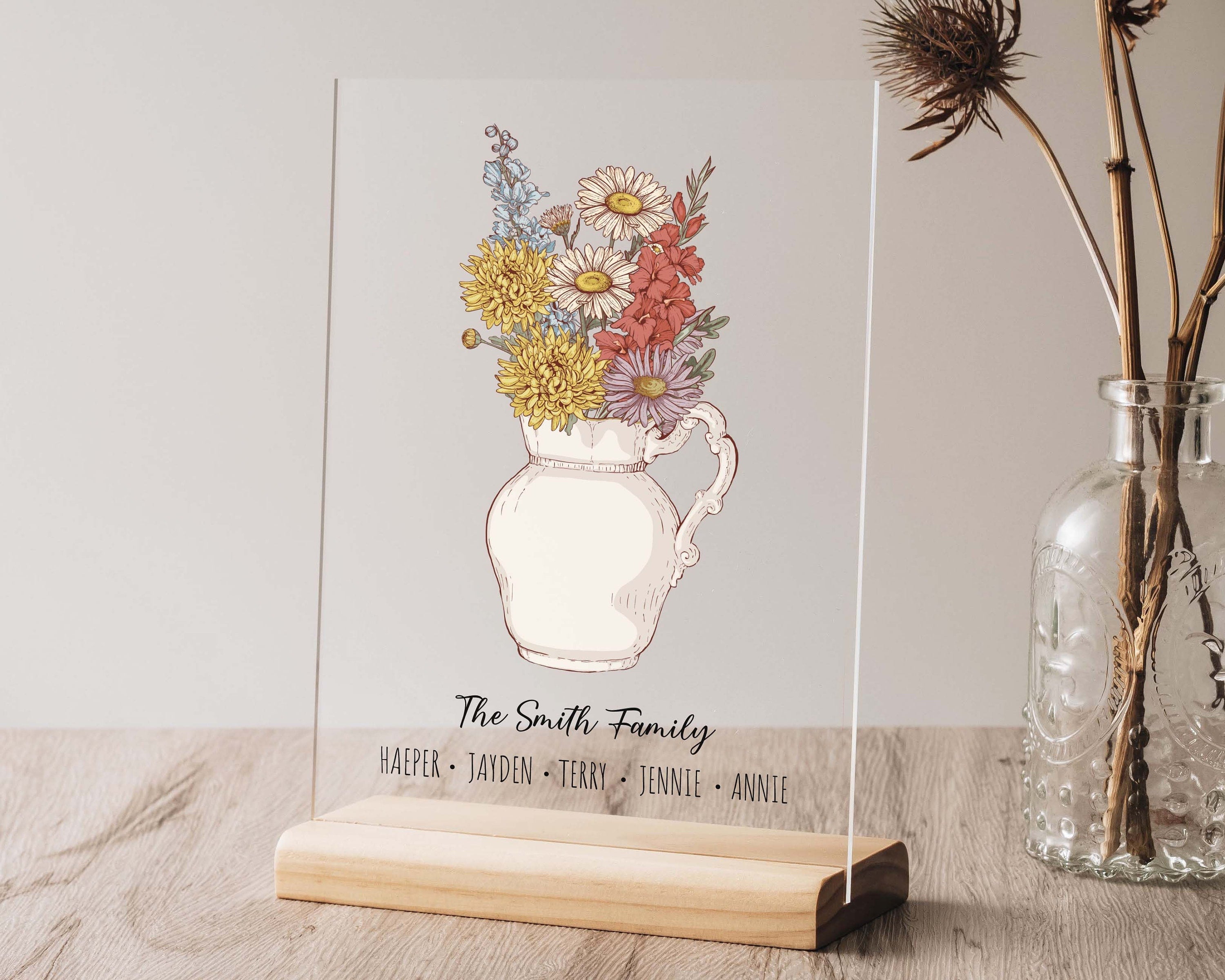 ⭐️Personalized Birth Flower Bouquet Vase Ornament Night Light Names Plaque For Mom/Grandma