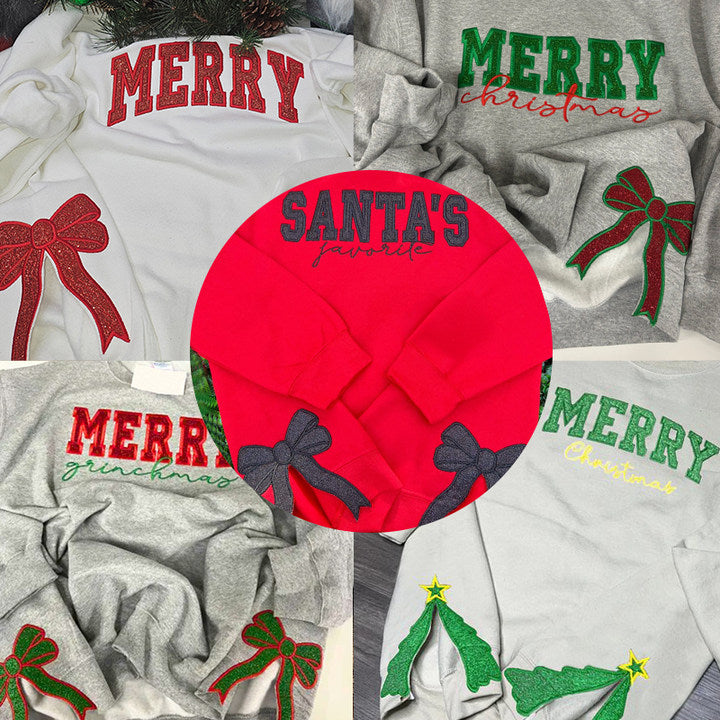 Personalized Santa’s Favorite Embroidered Glitter Side Bow Sweatshirt