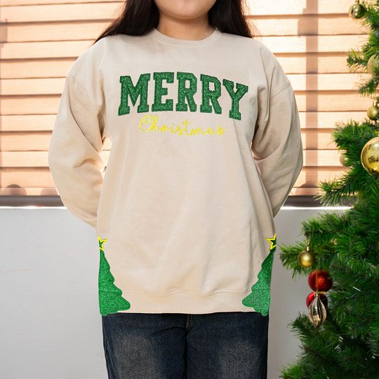 Personalized Merry Christmas Side Tree Cut-Out Sweatshirt