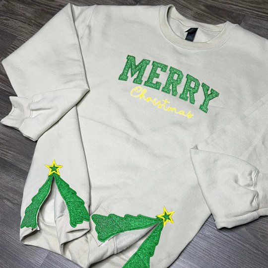 Personalized Merry Christmas Side Tree Cut-Out Sweatshirt