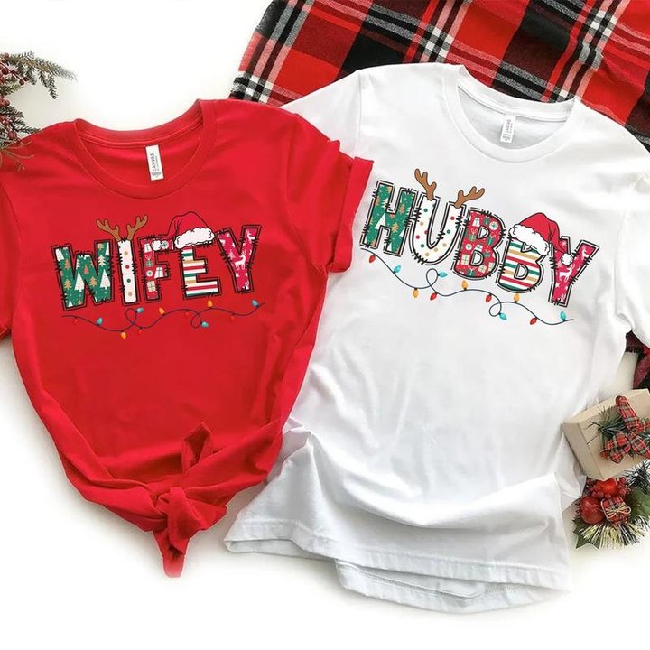 Christmas Wife And Husband T-shirt Christmas Matching Tee Wifey And Hubby Family Matching