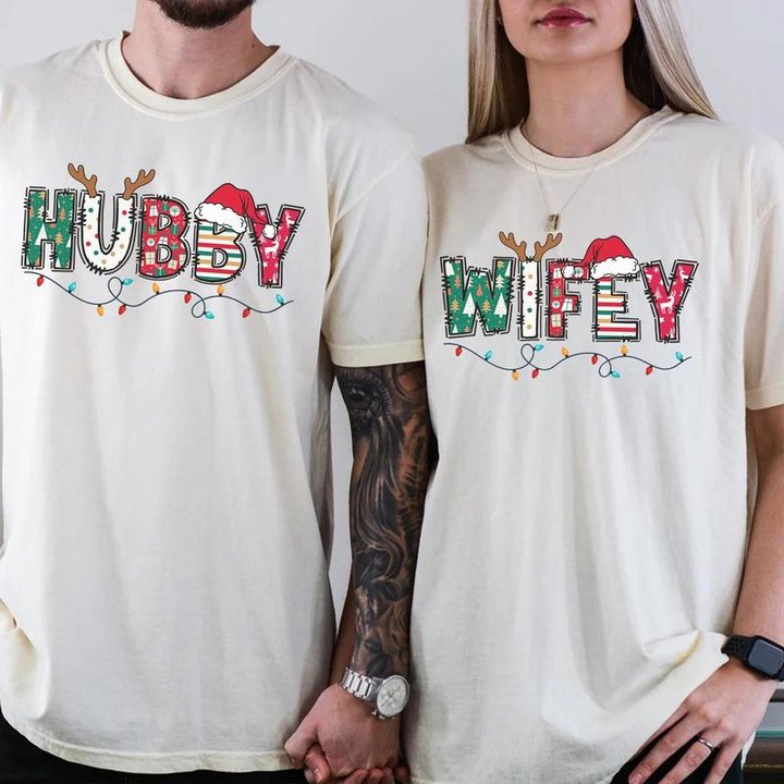 Christmas Wife And Husband T-shirt Christmas Matching Tee Wifey And Hubby Family Matching