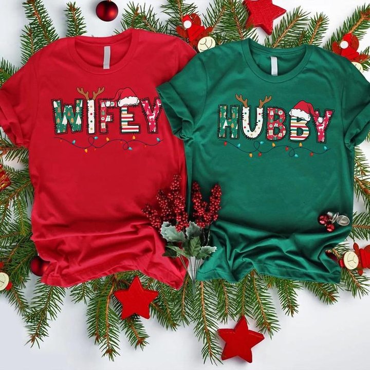 Christmas Wife And Husband T-shirt Christmas Matching Tee Wifey And Hubby Family Matching