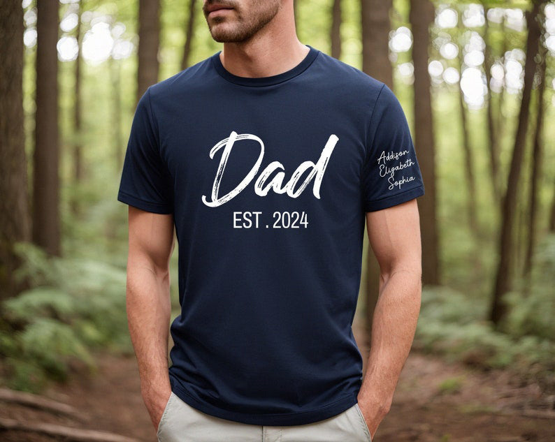 Custom Dad Est Year Children Names On Sleeve Shirt