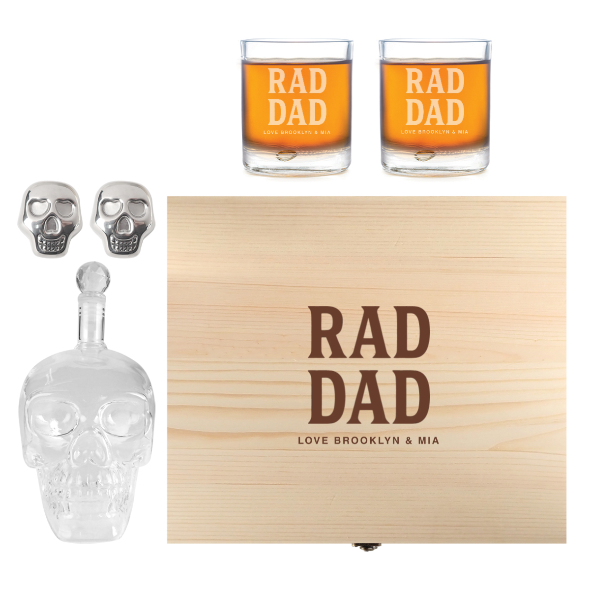 Engraved Father's Day Wooden Gift Boxed Skull Decanter Set