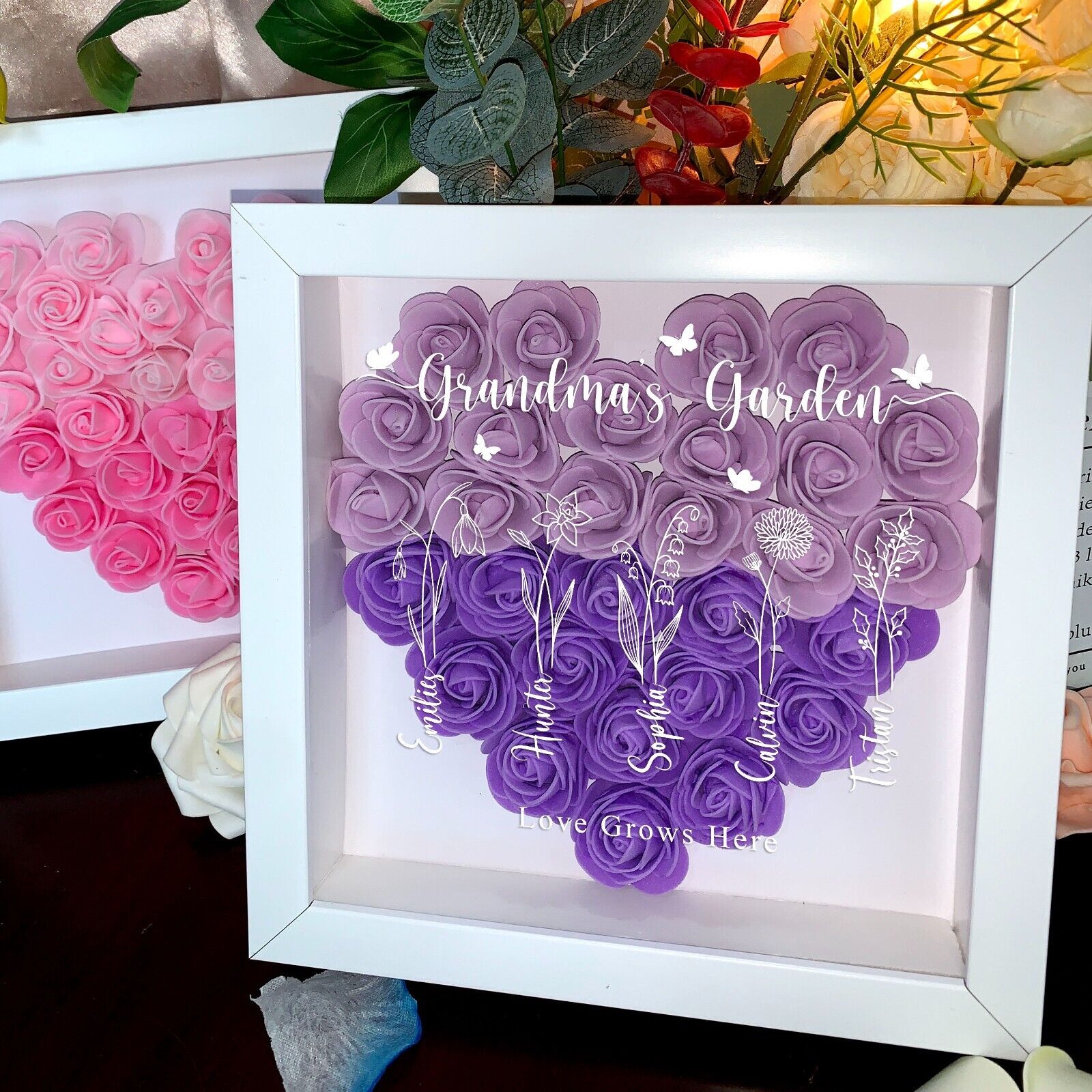 Birth Month Flower Custom Flower Shadow Box, Gift For Mom Grandma From Kids (Customized free)