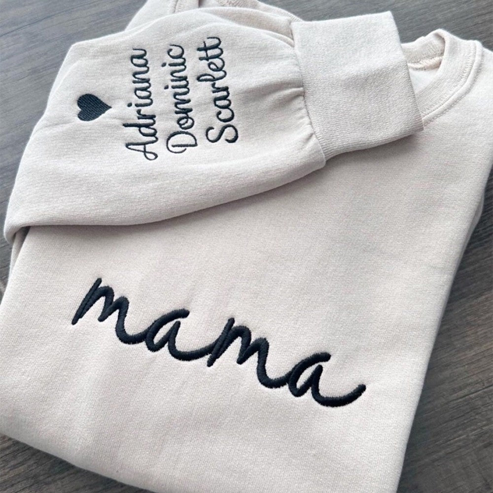 Custom Embroidered Mum Sweatshirt with Kids Names on Sleeve Mother's Day Gift for Mum Grandma