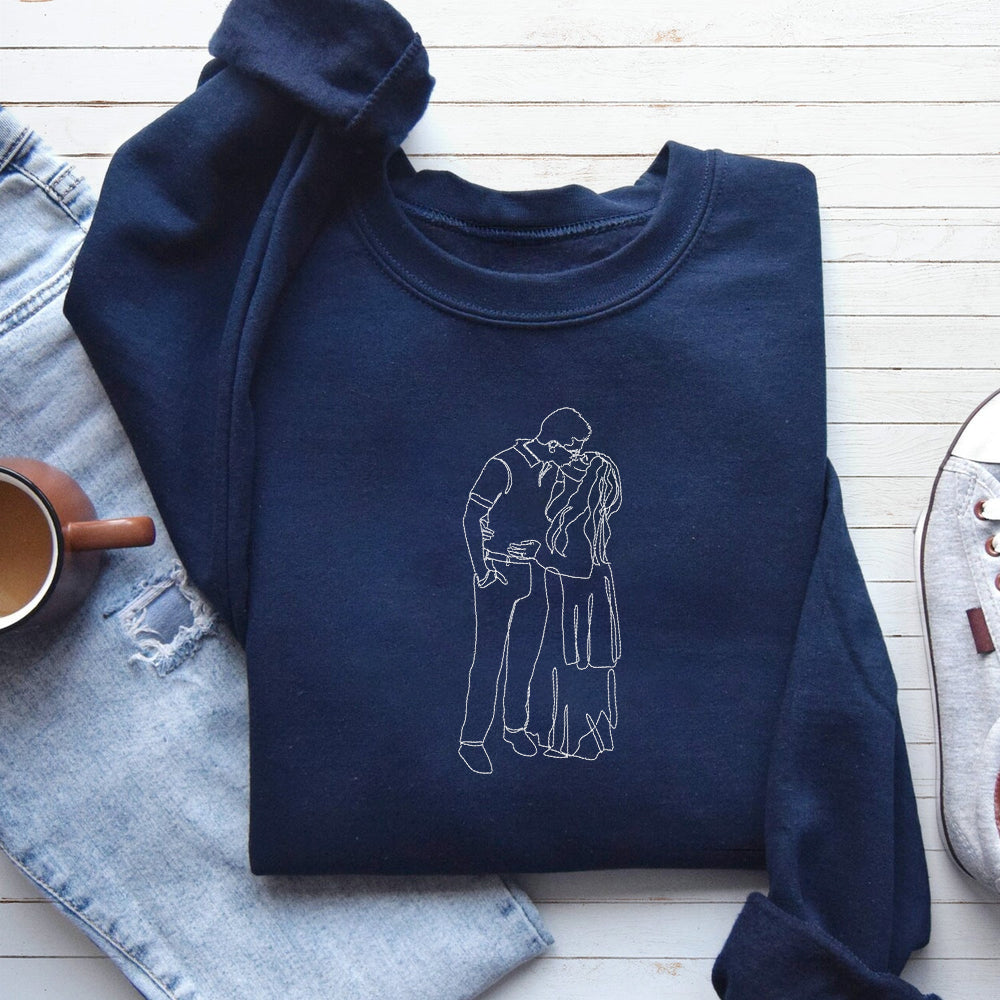 Custom One Line Couple Portrait Embroidery Outline Sweatshirt/Hoodie