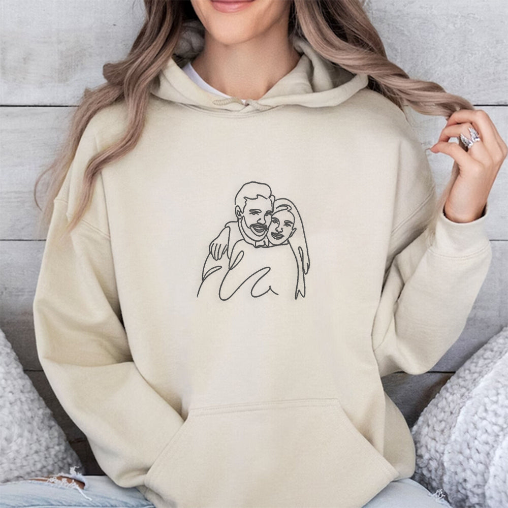 Custom One Line Couple Portrait Embroidery Outline Sweatshirt/Hoodie