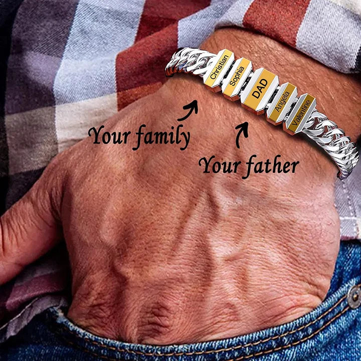 Personalized Mens Cuban Link Chain Bracelet Engraved 6 Beads - Father's Day Gift