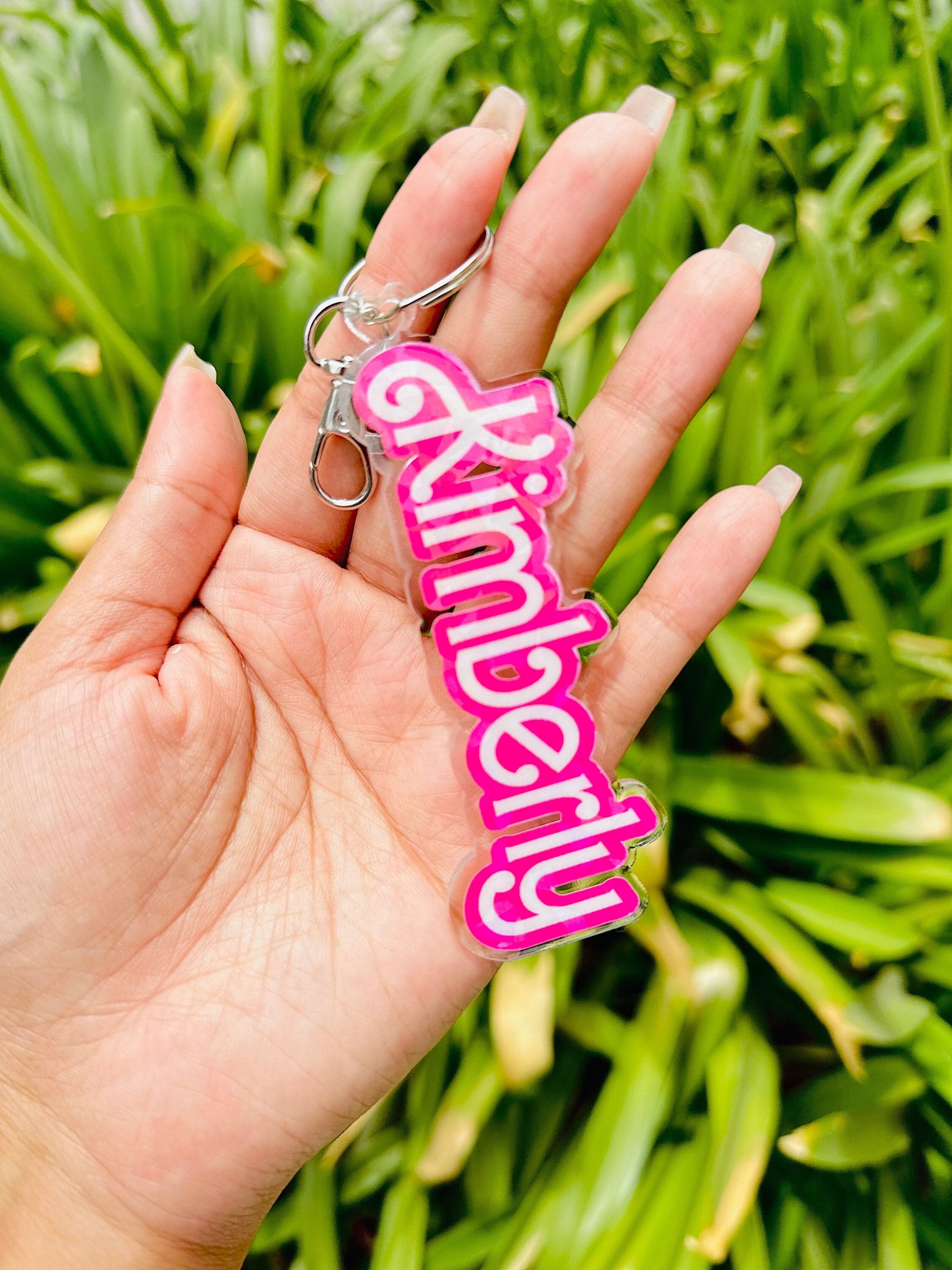 Custom Pink Name Acrylic Keychain, Let's go Party, Custom Name Keychain