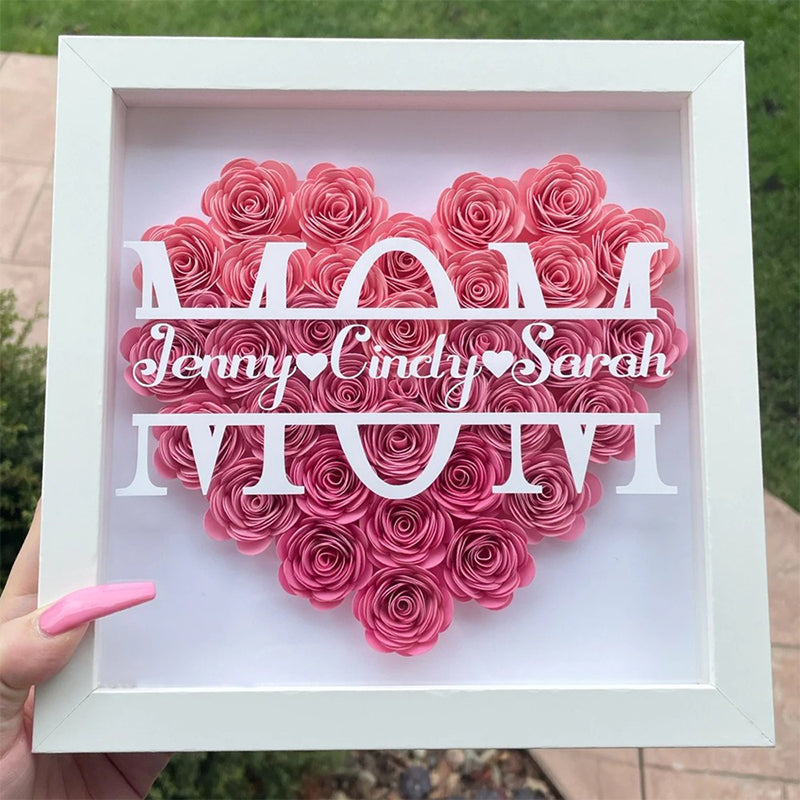 Personalized Flower Heart Shadow Box , Custom Name Rose Frame , Flower Shadowbox For Mom (Customized free)