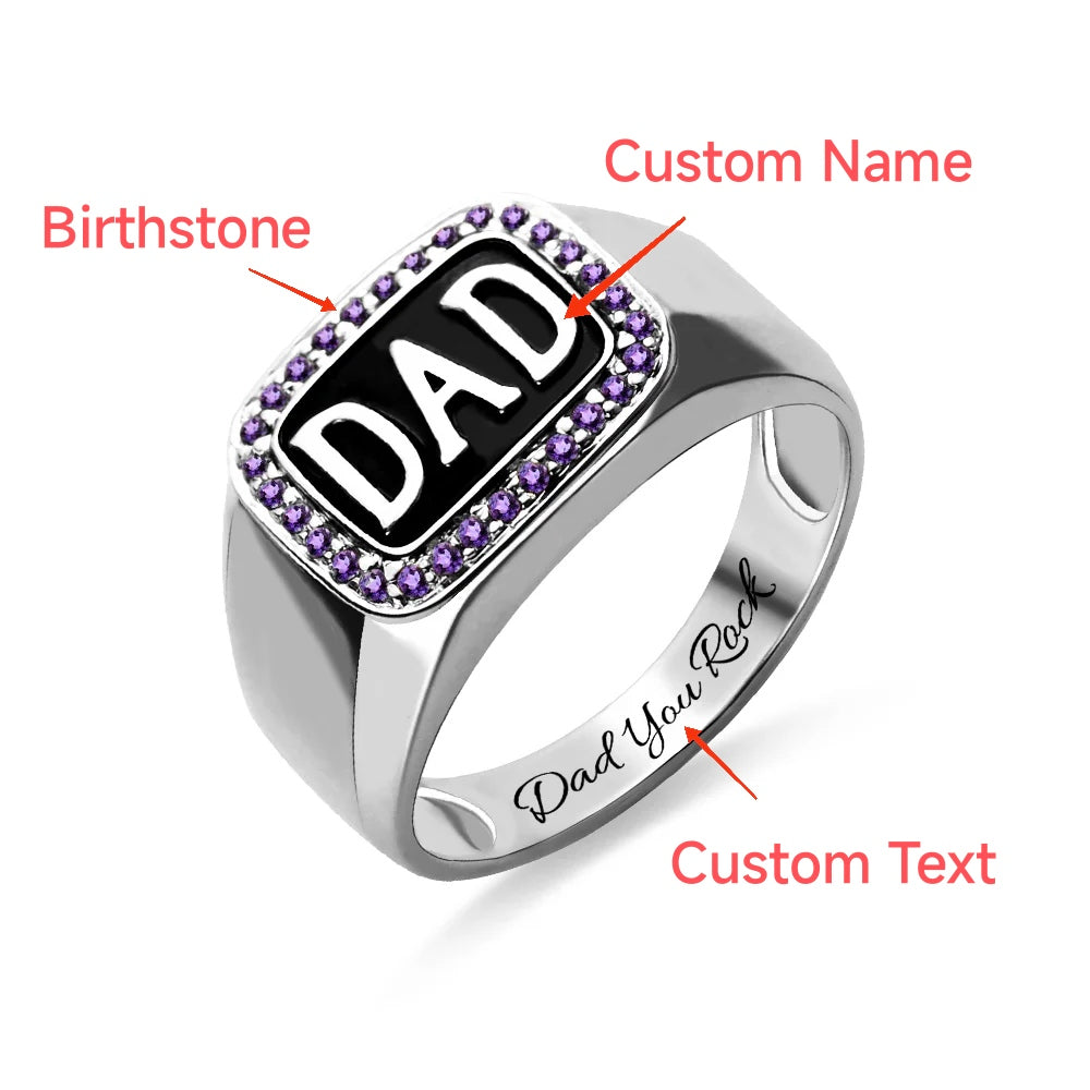 Men's Birthstone DAD Ring Platinum Plated Silver