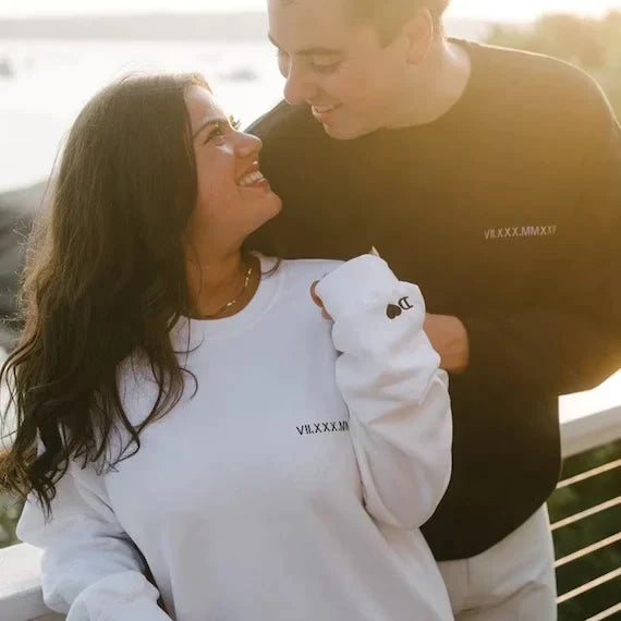 Custom Embroidered Roman Numeral Date Couple's Sweatshirt - Buy 2 Get Free Shipping