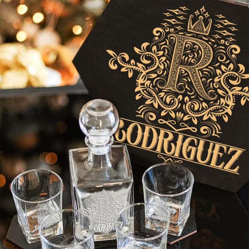 RODRIGUEZ - WHISKEY SET (Wooden box + Decanter + 4 Glasses + 4 Coasters)