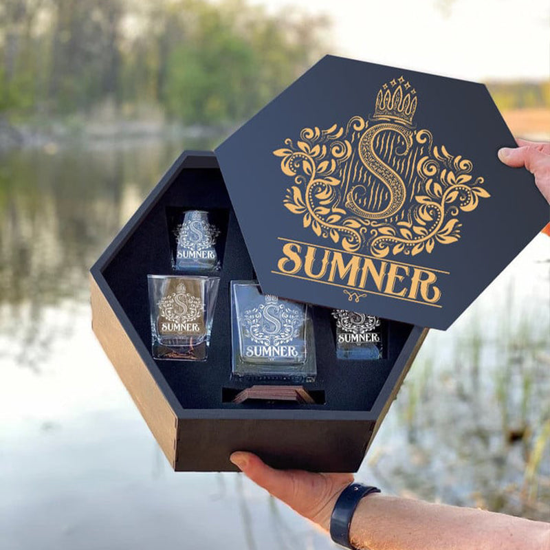 SUMNER - WHISKEY SET (Wooden box + Decanter + 4 Glasses + 4 Coasters)