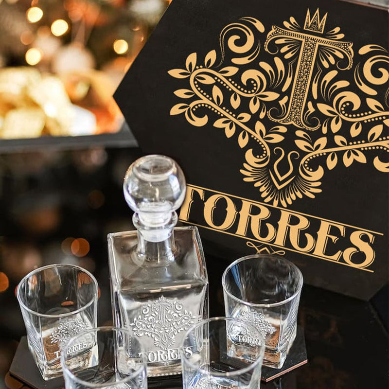 TORRES - WHISKEY SET (Wooden box + Decanter + 4 Glasses + 4 Coasters)