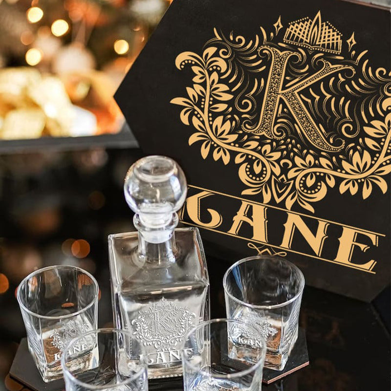 KANE - WHISKEY SET (Wooden box + Decanter + 4 Glasses + 4 Coasters)