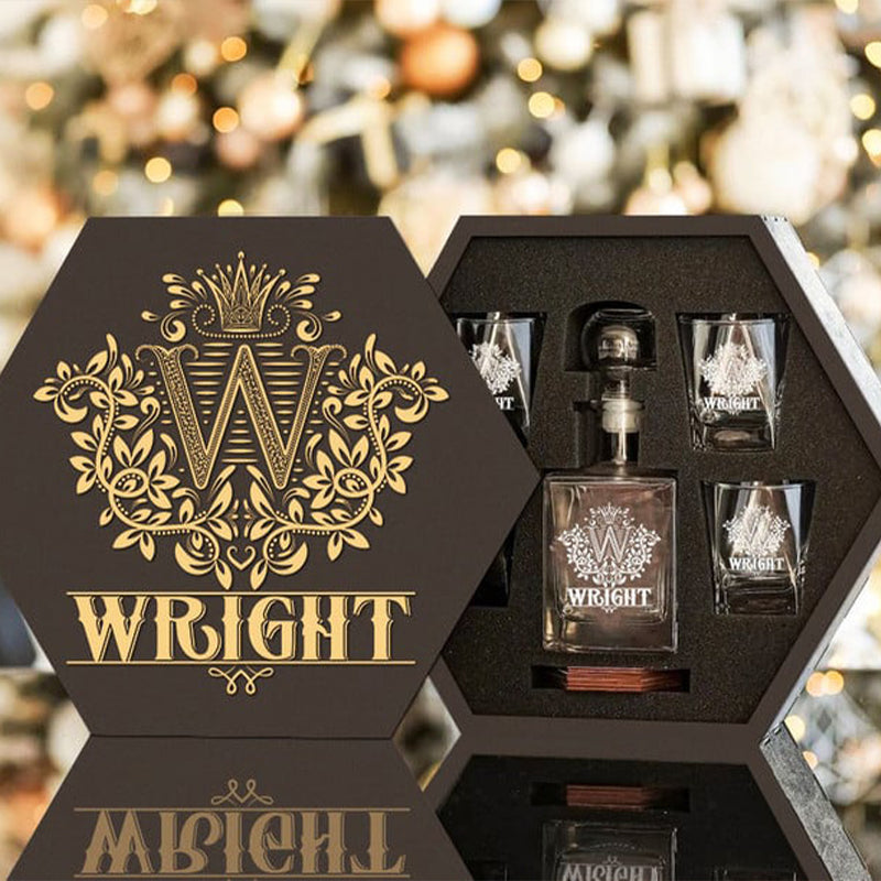 WRIGHT - WHISKEY SET (Wooden box + Decanter + 4 Glasses + 4 Coasters)