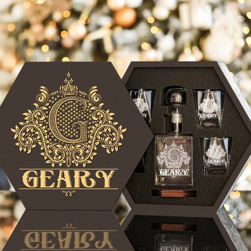 GEARY - WHISKEY SET (Wooden box + Decanter + 4 Glasses + 4 Coasters)