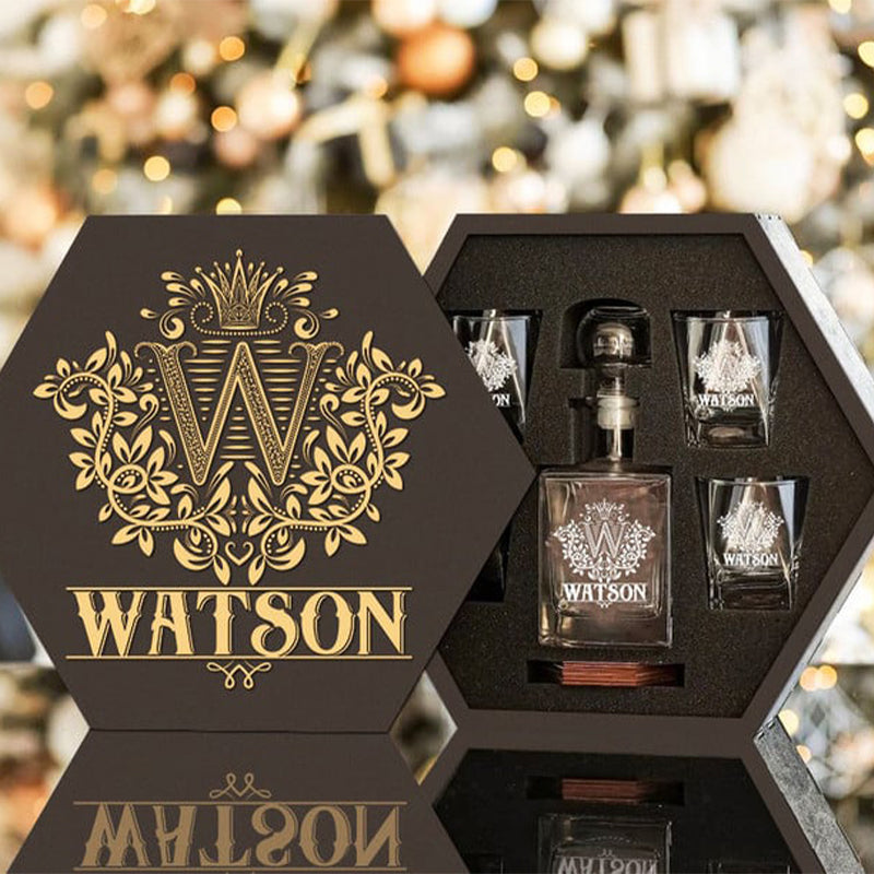 WATSON - WHISKEY SET (Wooden box + Decanter + 4 Glasses + 4 Coasters)