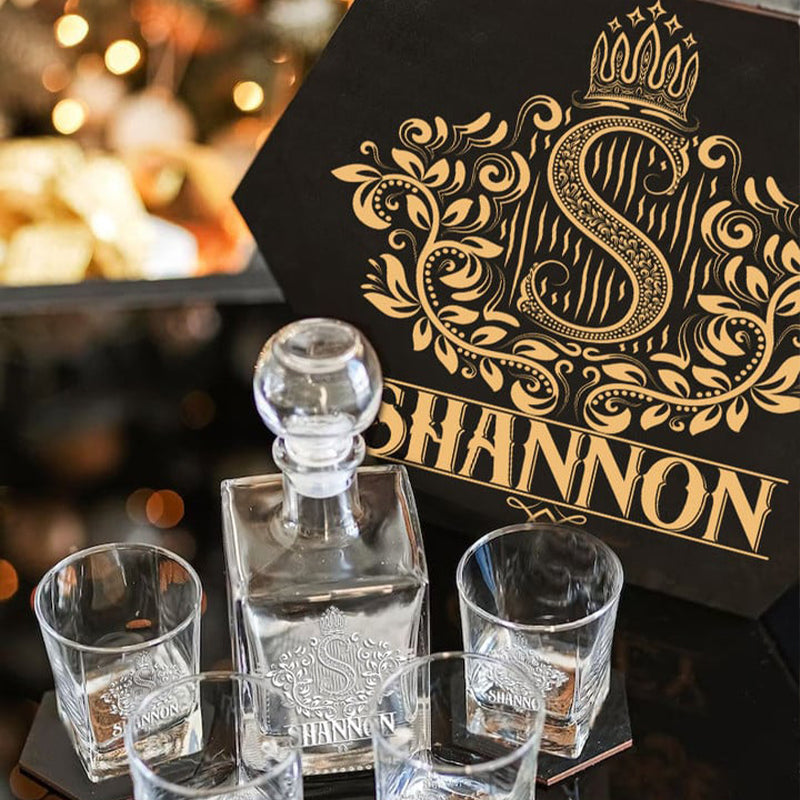 SHANNON - WHISKEY SET (Wooden box + Decanter + 4 Glasses + 4 Coasters)