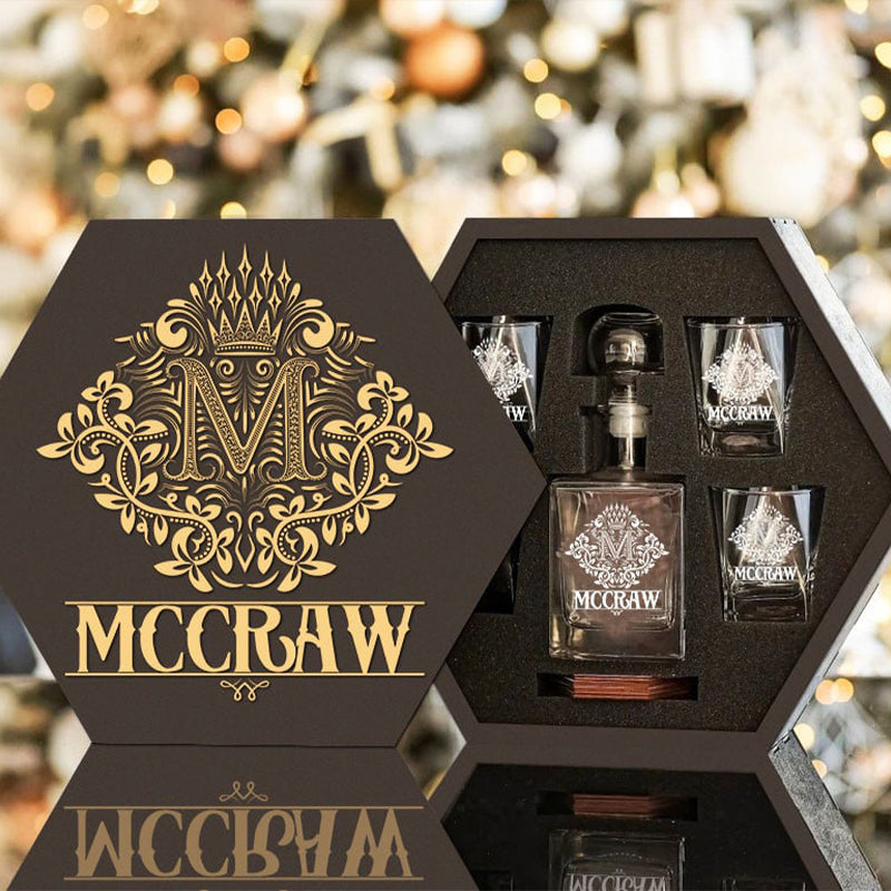 MCCRAW - WHISKEY SET (Wooden box + Decanter + 4 Glasses + 4 Coasters)