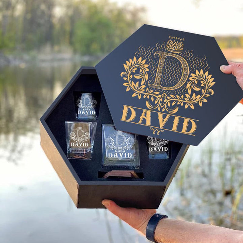 DAVID - WHISKEY SET (Wooden box + Decanter + 4 Glasses + 4 Coasters)