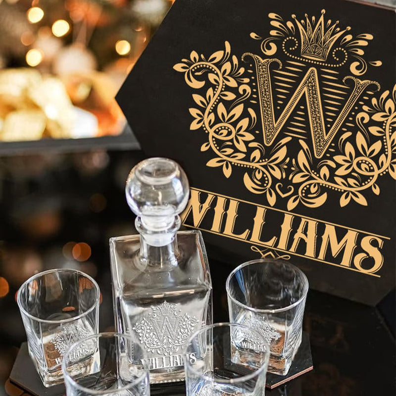 WILLIAMS - WHISKEY SET (Wooden box + Decanter + 4 Glasses + 4 Coasters)