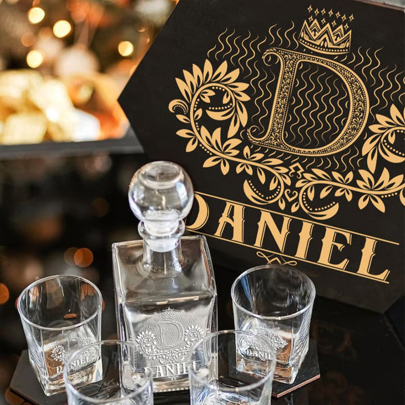 DANIEL - WHISKEY SET (Wooden box + Decanter + 4 Glasses + 4 Coasters)