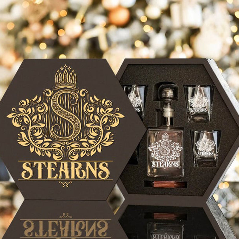 STEARNS - WHISKEY SET (Wooden box + Decanter + 4 Glasses + 4 Coasters)