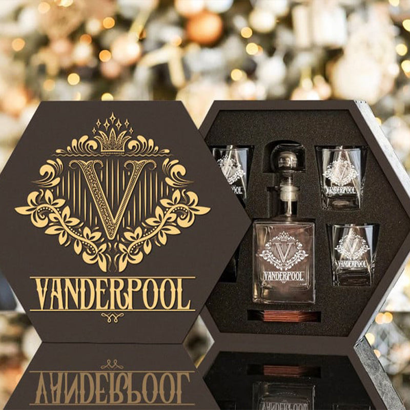 VANDERPOOL - WHISKEY SET (Wooden box + Decanter + 4 Glasses + 4 Coasters)