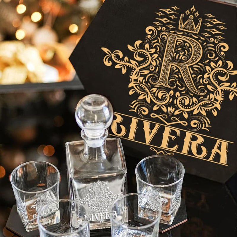 RIVERA - WHISKEY SET (Wooden box + Decanter + 4 Glasses + 4 Coasters)