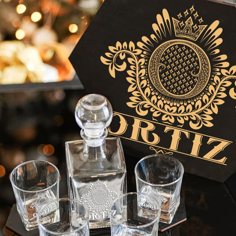 ORTIZ - WHISKEY SET (Wooden box + Decanter + 4 Glasses + 4 Coasters)