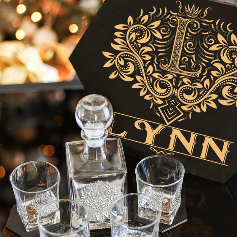 LYNN - WHISKEY SET (Wooden box + Decanter + 4 Glasses + 4 Coasters)