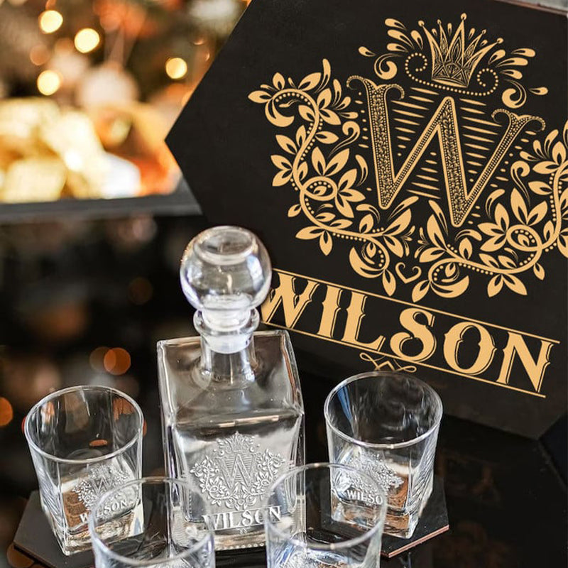 WILSON - WHISKEY SET (Wooden box + Decanter + 4 Glasses + 4 Coasters)