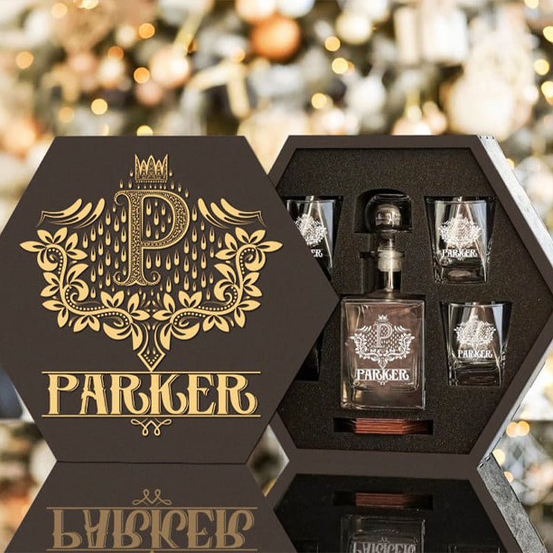 PARKER - WHISKEY SET (Wooden box + Decanter + 4 Glasses + 4 Coasters)