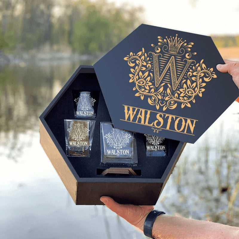 WALSTON - WHISKEY SET (Wooden box + Decanter + 4 Glasses + 4 Coasters)