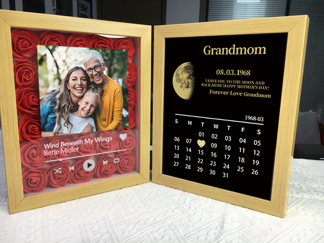 (Square With Song) Custom Flowers Frame for Mom Grandma with REAL MOON PHASE Anniversary Calendar