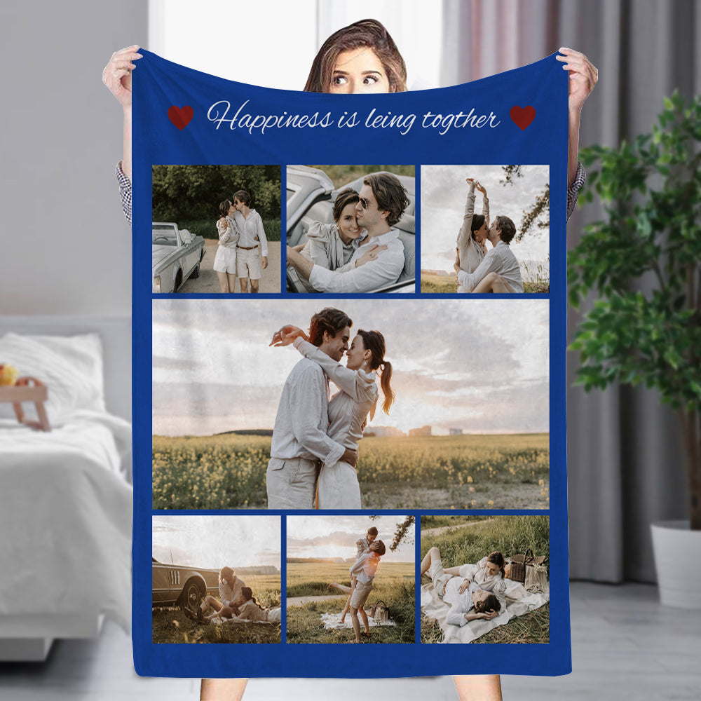 Personalized 7 Photos Blankets Fleece Throw Couple Blanket