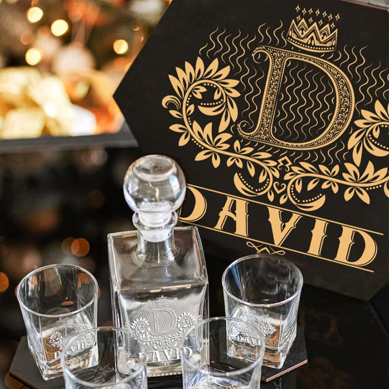 DAVID - WHISKEY SET (Wooden box + Decanter + 4 Glasses + 4 Coasters)