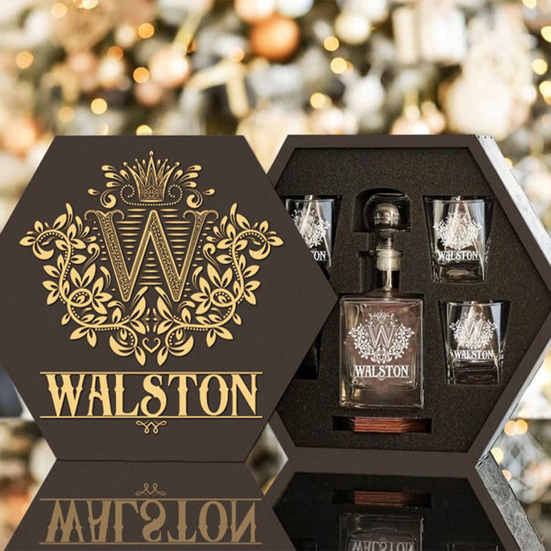 WALSTON - WHISKEY SET (Wooden box + Decanter + 4 Glasses + 4 Coasters)