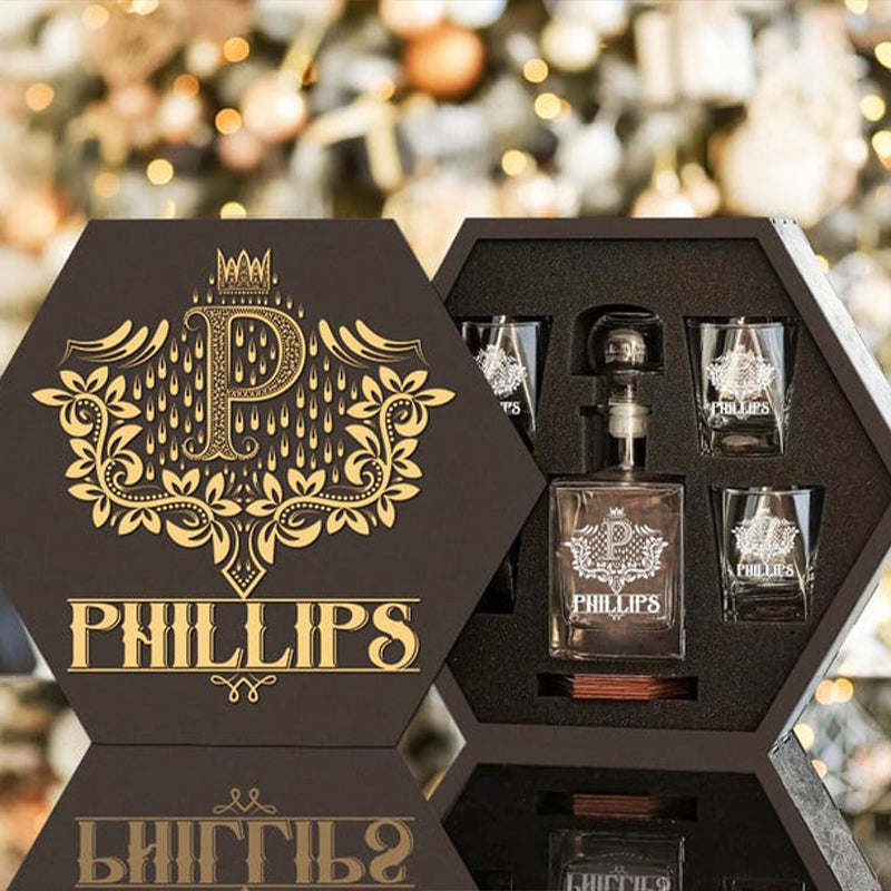 PHILLIPS - WHISKEY SET (Wooden box + Decanter + 4 Glasses + 4 Coasters)