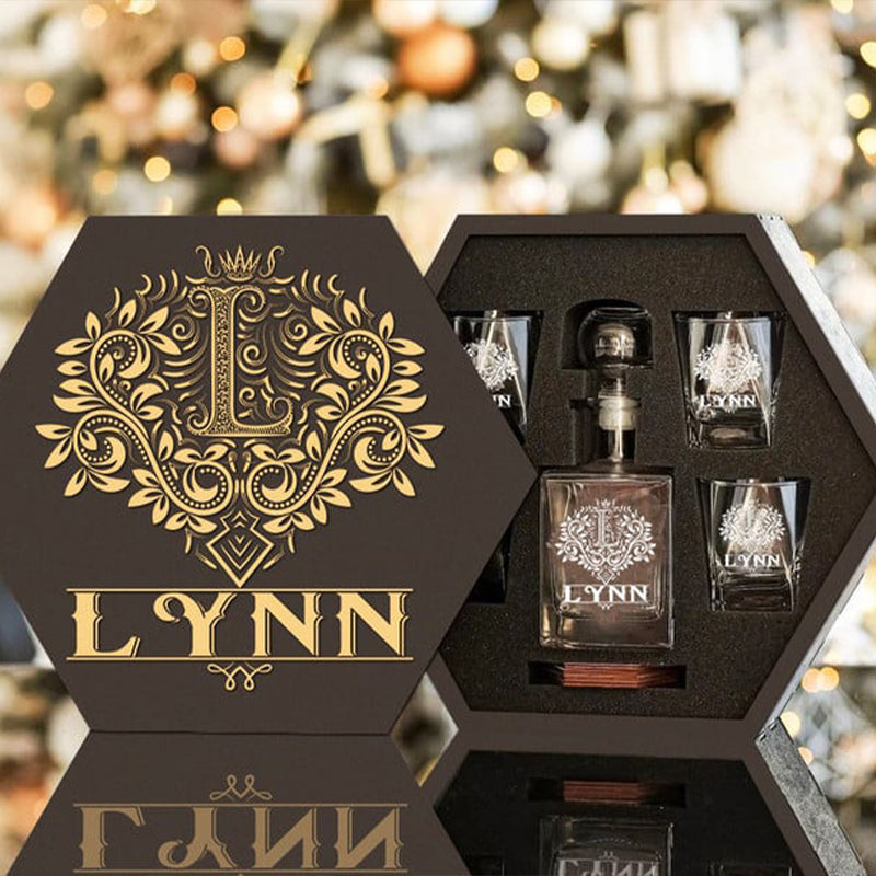 LYNN - WHISKEY SET (Wooden box + Decanter + 4 Glasses + 4 Coasters)