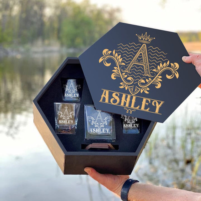 ASHLEY - WHISKEY SET (Wooden box + Decanter + 4 Glasses + 4 Coasters)