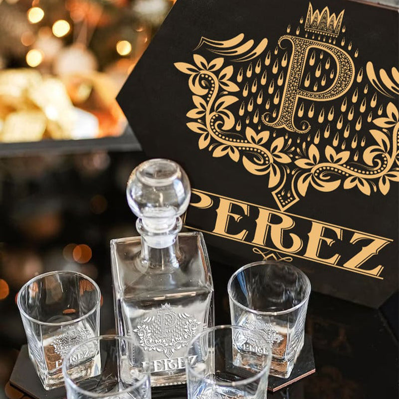 PEREZ - WHISKEY SET (Wooden box + Decanter + 4 Glasses + 4 Coasters)