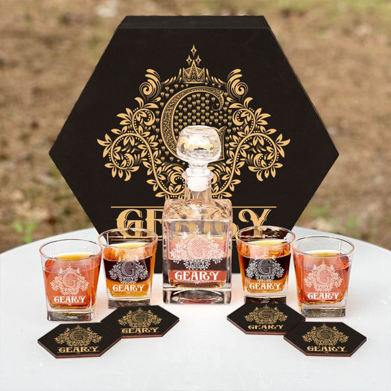 GEARY - WHISKEY SET (Wooden box + Decanter + 4 Glasses + 4 Coasters)