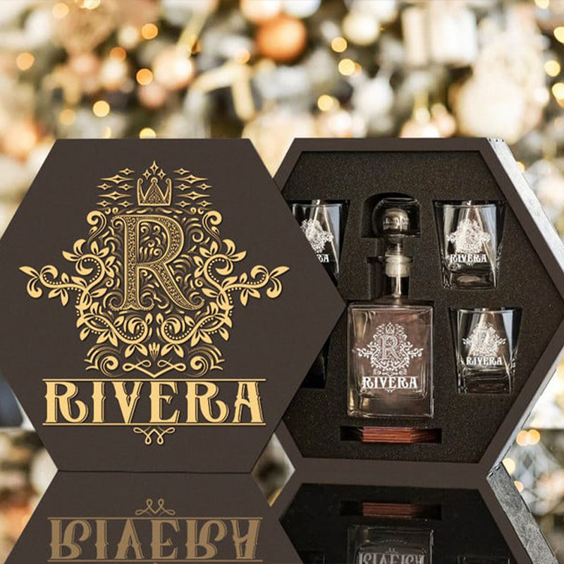 RIVERA - WHISKEY SET (Wooden box + Decanter + 4 Glasses + 4 Coasters)