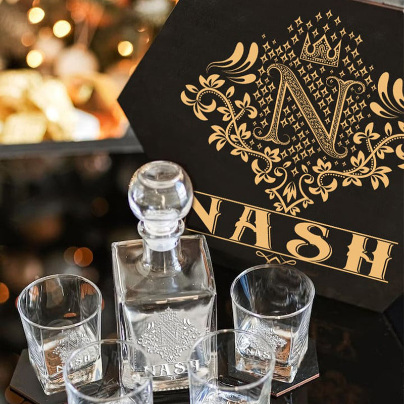 NASH - WHISKEY SET (Wooden box + Decanter + 4 Glasses + 4 Coasters)