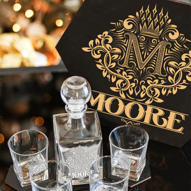 MOORE - WHISKEY SET (Wooden box + Decanter + 4 Glasses + 4 Coasters)